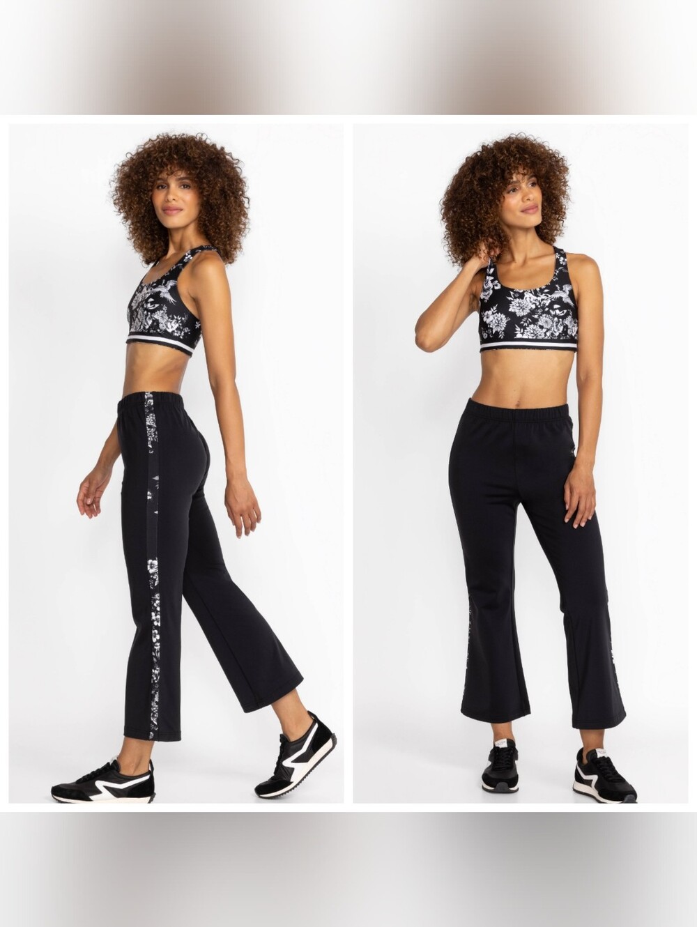 Johnny Was Active Dreamer Flare Ankle Pants Black Floral Side Stripe NWT Size L